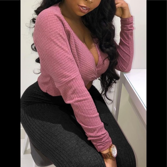 Stylish V Neck Knot Crop Front Rose Red Sweater - Picture 2 of 7